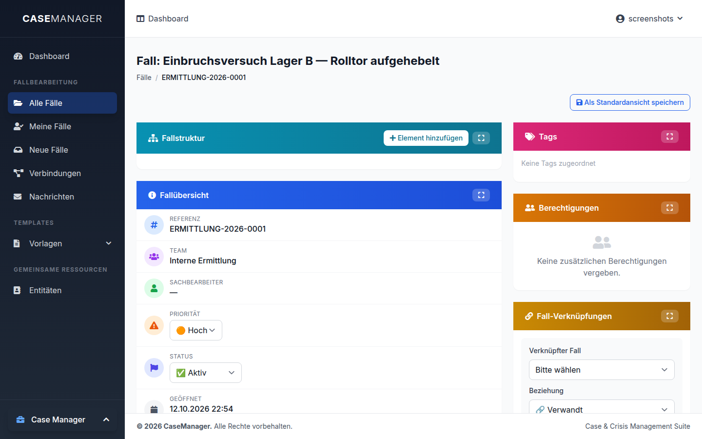 Fallakte im CaseManager mit Fallübersicht und Verknüpfungen