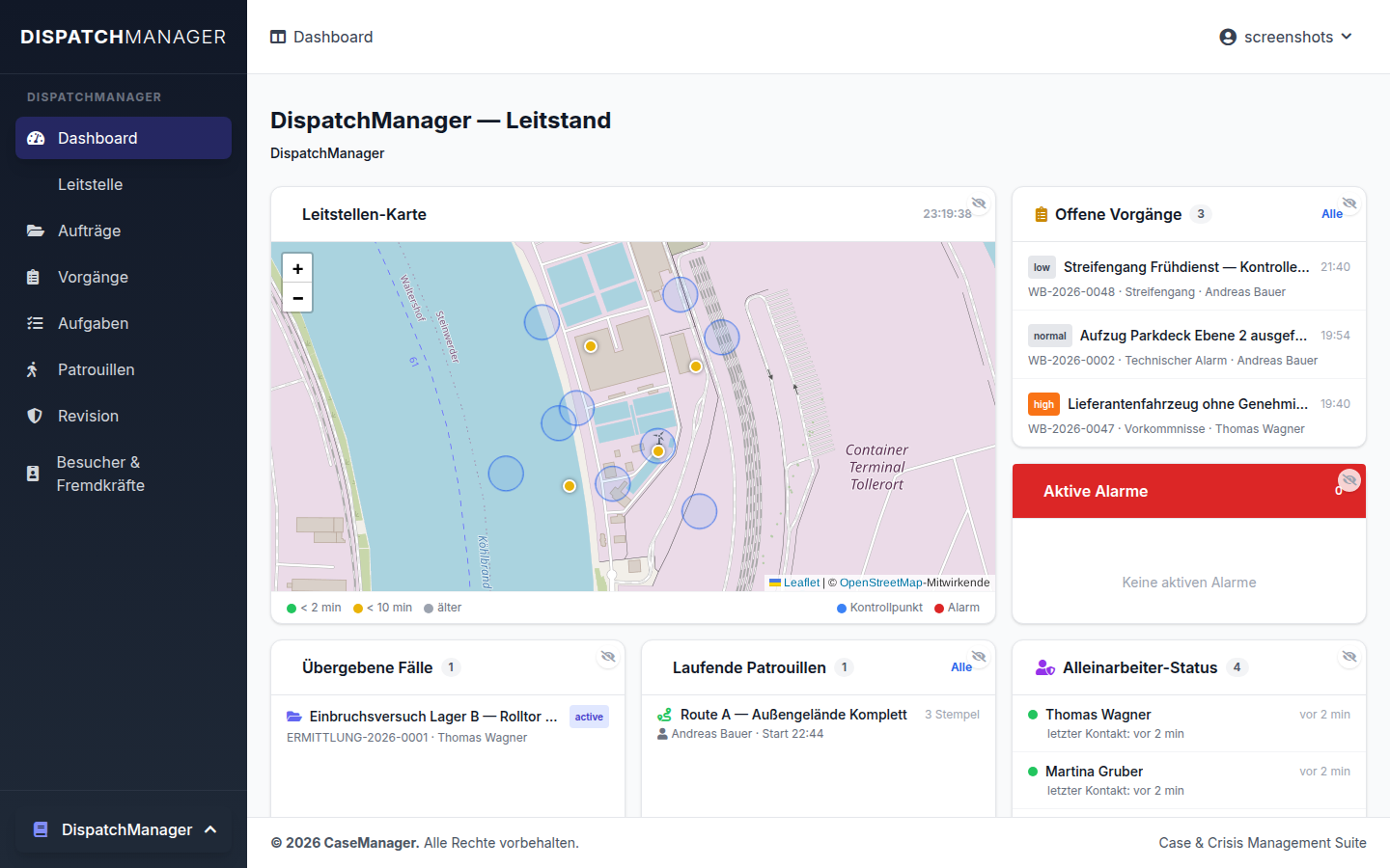 Leitstand-Dashboard des digitalen Wachbuchs mit Karte