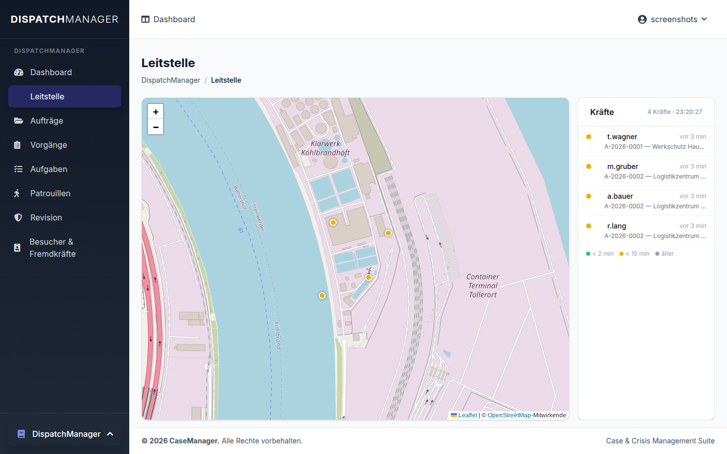 Leitstelle mit Live-Karte und Einsatzkräften