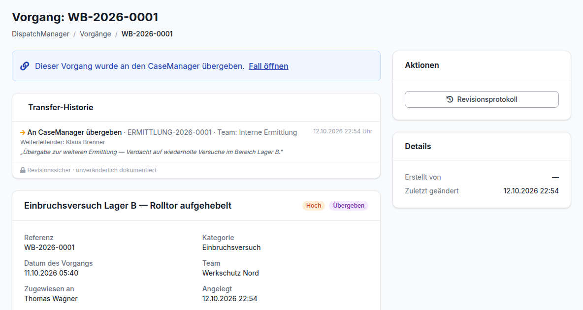 Übergabe eines Wachbuch-Vorgangs an den CaseManager